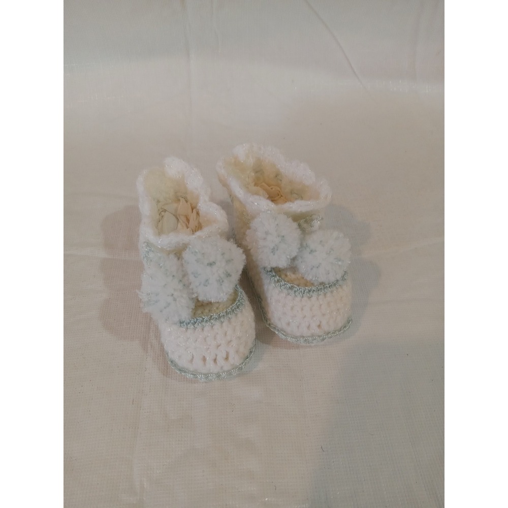 Handmade Crochet Baby Booties White Light Blue Pom Pom Knit Slippers Newborn